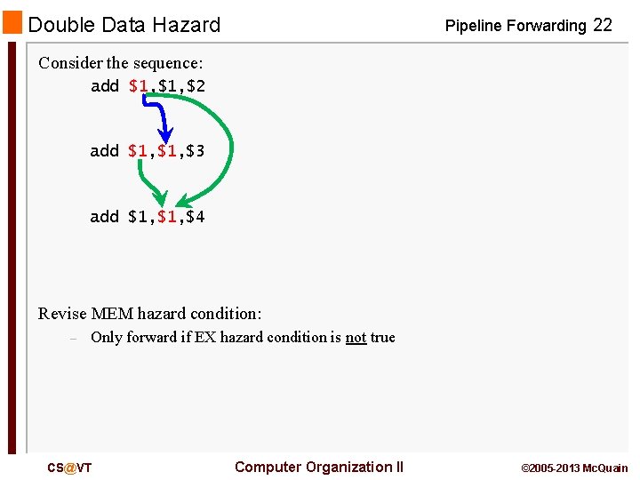 Double Data Hazard Pipeline Forwarding 22 Consider the sequence: add $1, $2 add $1,