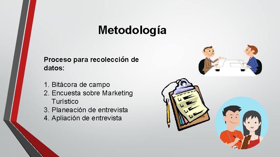 Metodología Proceso para recolección de datos: 1. Bitácora de campo 2. Encuesta sobre Marketing