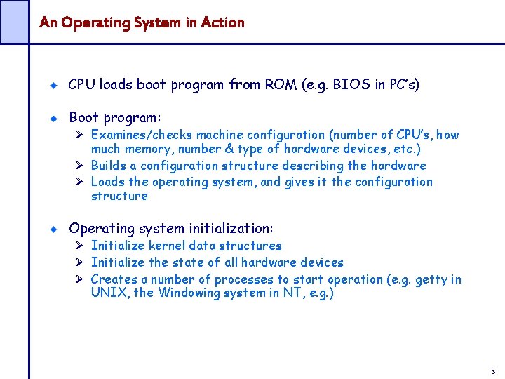 An Operating System in Action CPU loads boot program from ROM (e. g. BIOS