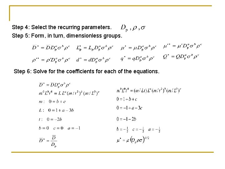 Step 4: Select the recurring parameters. Step 5: Form, in turn, dimensionless groups. Step