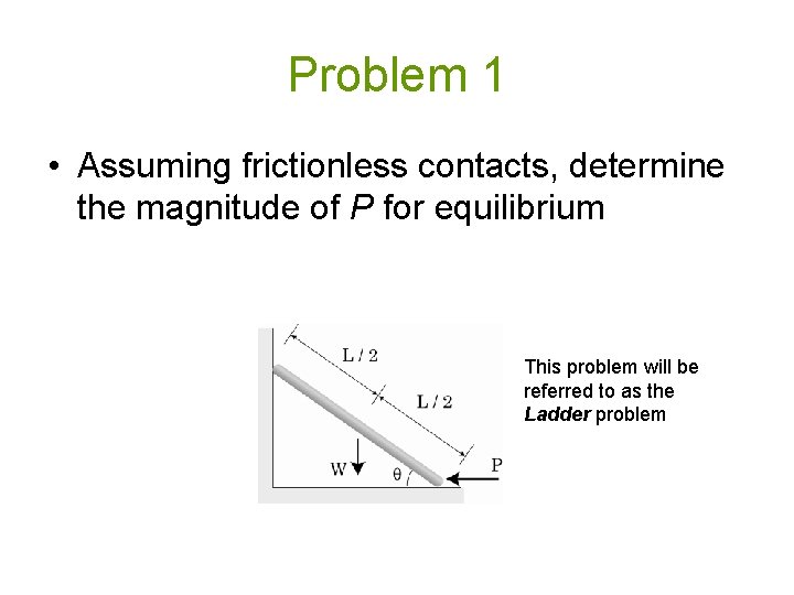 Problem 1 • Assuming frictionless contacts, determine the magnitude of P for equilibrium This