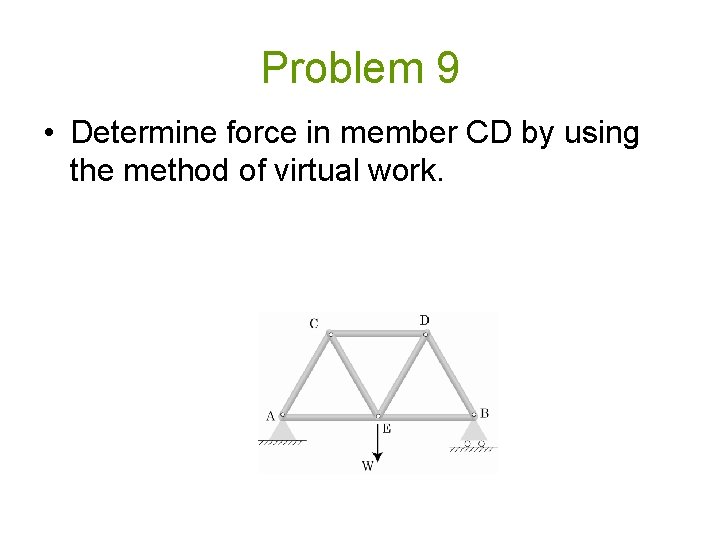 Problem 9 • Determine force in member CD by using the method of virtual