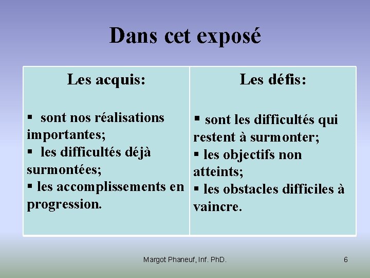 Dans cet exposé Les acquis: § sont nos réalisations importantes; § les difficultés déjà