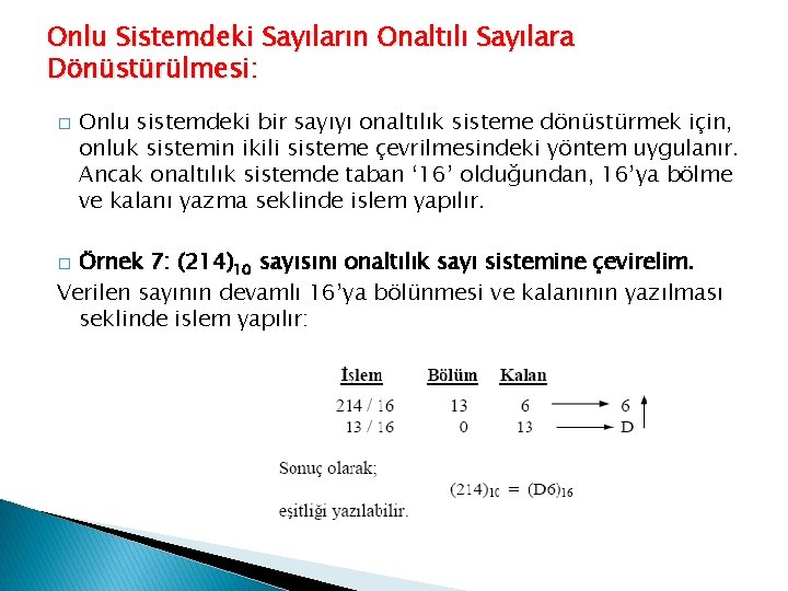 Onlu Sistemdeki Sayıların Onaltılı Sayılara Dönüstürülmesi: � Onlu sistemdeki bir sayıyı onaltılık sisteme dönüstürmek