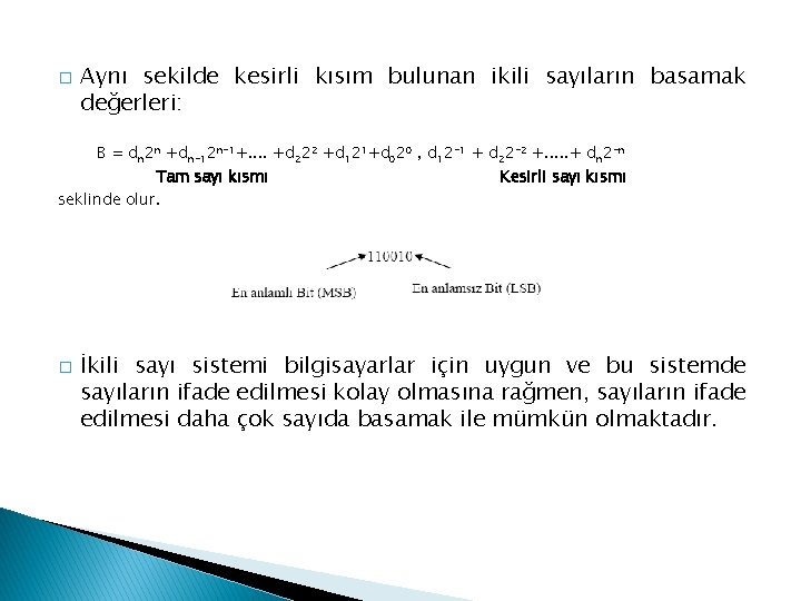 � Aynı sekilde kesirli kısım bulunan ikili sayıların basamak değerleri: B = dn 2