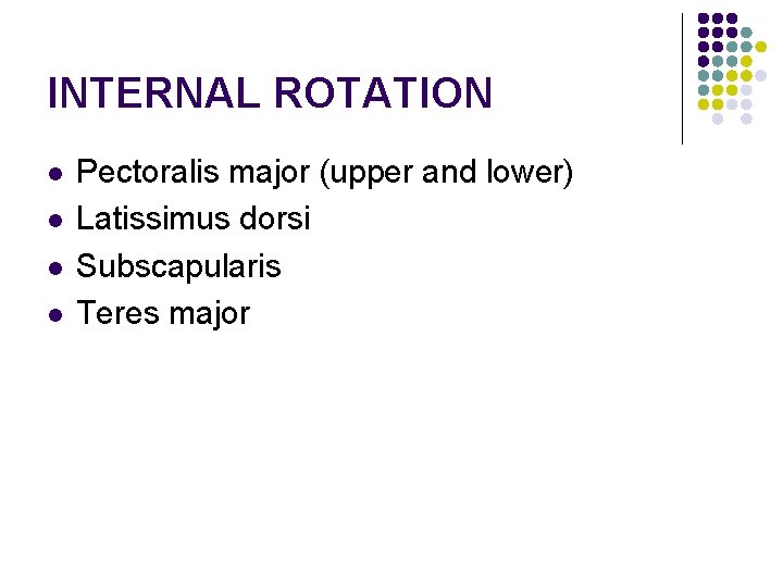 INTERNAL ROTATION l l Pectoralis major (upper and lower) Latissimus dorsi Subscapularis Teres major