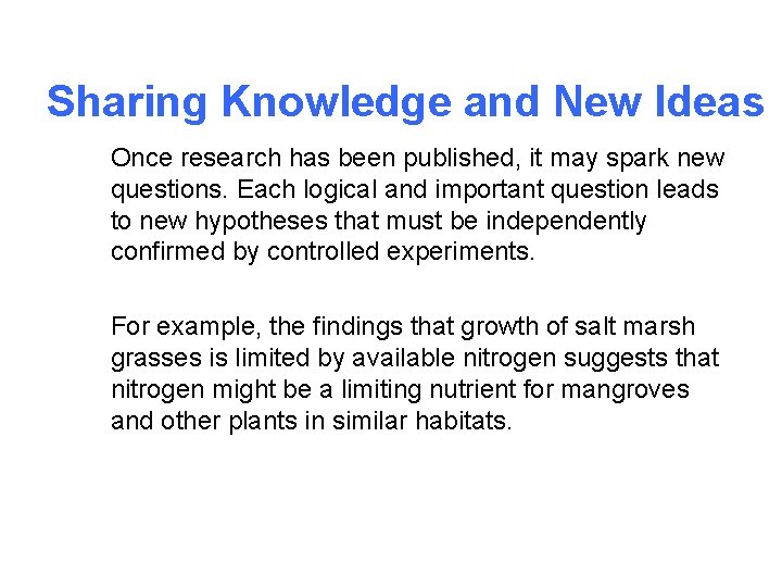 Sharing Knowledge and New Ideas Once research has been published, it may spark new