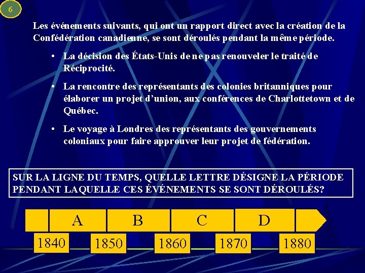 6 Les événements suivants, qui ont un rapport direct avec la création de la