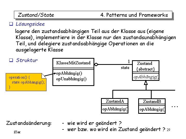Zustand/State 4. Patterns und Frameworks q Lösungsidee lagere den zustandsabhängigen Teil aus der Klasse Zustand/State 4. Patterns und Frameworks q Lösungsidee lagere den zustandsabhängigen Teil aus der Klasse