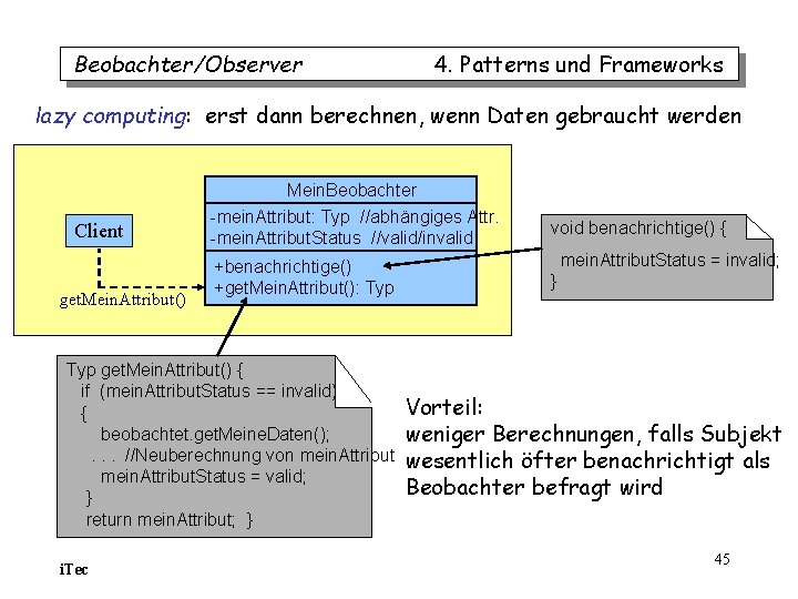 Beobachter/Observer 4. Patterns und Frameworks lazy computing: erst dann berechnen, wenn Daten gebraucht werden Beobachter/Observer 4. Patterns und Frameworks lazy computing: erst dann berechnen, wenn Daten gebraucht werden