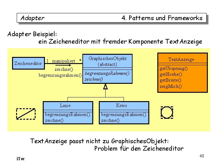 Adapter 4. Patterns und Frameworks Adapter Beispiel: ein Zeicheneditor mit fremder Komponente Text. Anzeige Adapter 4. Patterns und Frameworks Adapter Beispiel: ein Zeicheneditor mit fremder Komponente Text. Anzeige