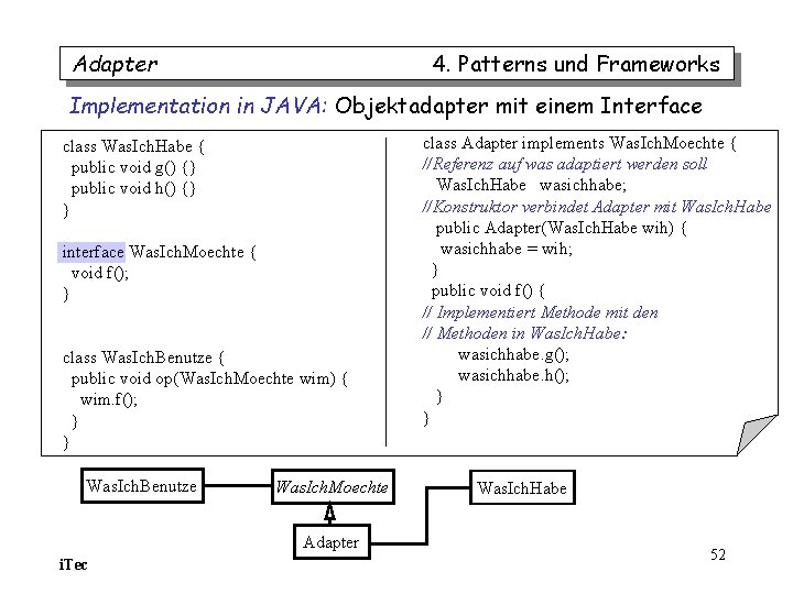 Adapter 4. Patterns und Frameworks Implementation in JAVA: Objektadapter mit einem Interface class Was. Adapter 4. Patterns und Frameworks Implementation in JAVA: Objektadapter mit einem Interface class Was.