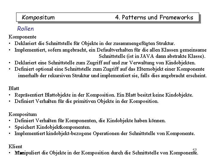 Kompositum 4. Patterns und Frameworks Rollen Komponente • Deklariert die Schnittstelle für Objekte in Kompositum 4. Patterns und Frameworks Rollen Komponente • Deklariert die Schnittstelle für Objekte in