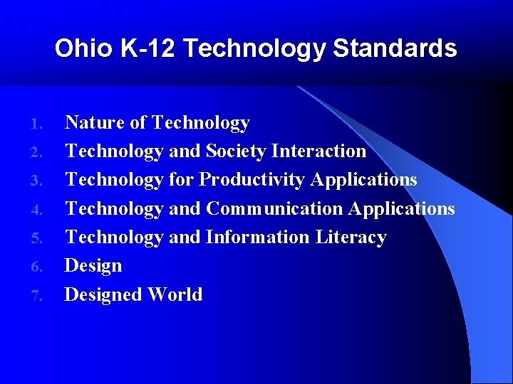 Ohio K-12 Technology Standards 1. 2. 3. 4. 5. 6. 7. Nature of Technology Ohio K-12 Technology Standards 1. 2. 3. 4. 5. 6. 7. Nature of Technology