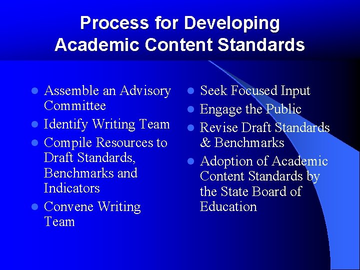 Process for Developing Academic Content Standards Assemble an Advisory Committee l Identify Writing Team Process for Developing Academic Content Standards Assemble an Advisory Committee l Identify Writing Team
