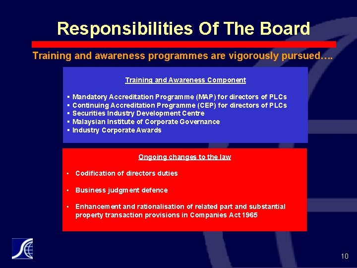 Responsibilities Of The Board Training and awareness programmes are vigorously pursued…. Training and Awareness