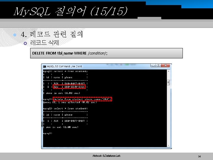 My. SQL 질의어 (15/15) l 4. 레코드 관련 질의 £ 레코드 삭제 DELETE FROM