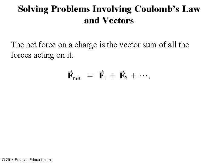 Solving Problems Involving Coulomb’s Law and Vectors The net force on a charge is
