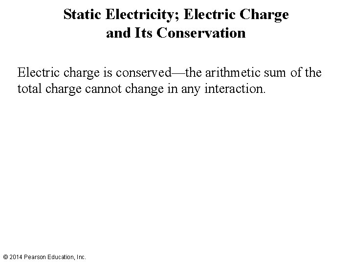 Static Electricity; Electric Charge and Its Conservation Electric charge is conserved—the arithmetic sum of