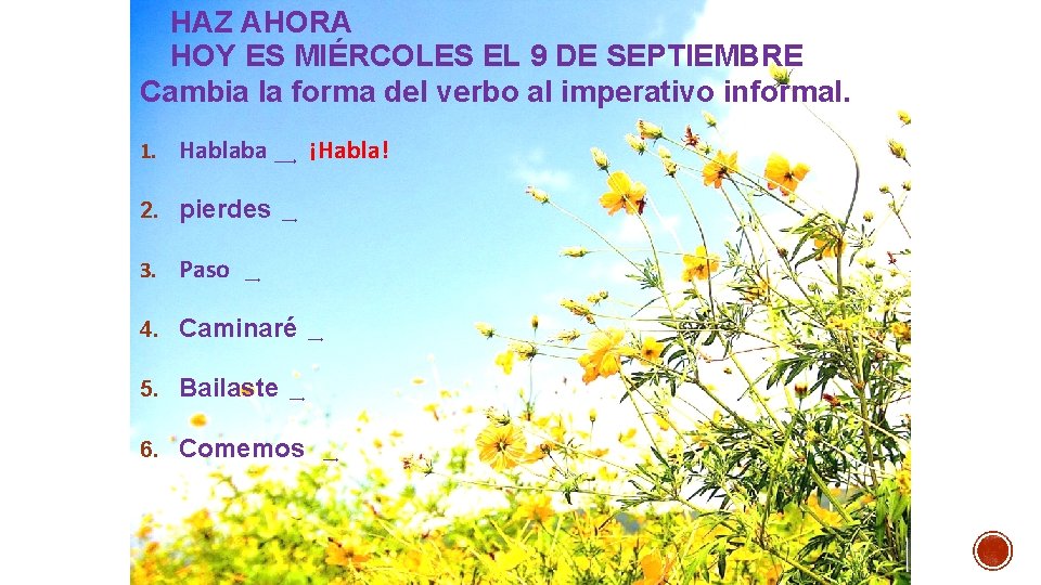 HAZ AHORA HOY ES MIÉRCOLES EL 9 DE SEPTIEMBRE Cambia la forma del verbo