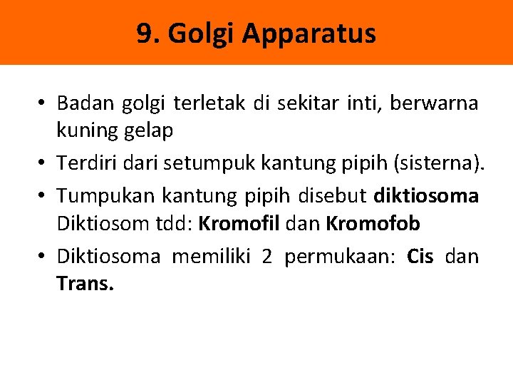 9. Golgi Apparatus • Badan golgi terletak di sekitar inti, berwarna kuning gelap •