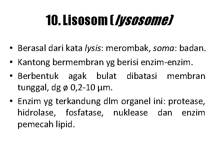 10. Lisosom (lysosome) • Berasal dari kata lysis: merombak, soma: badan. • Kantong bermembran