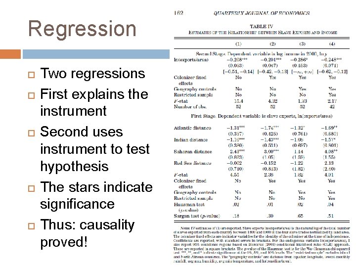 Regression Two regressions First explains the instrument Second uses instrument to test hypothesis The