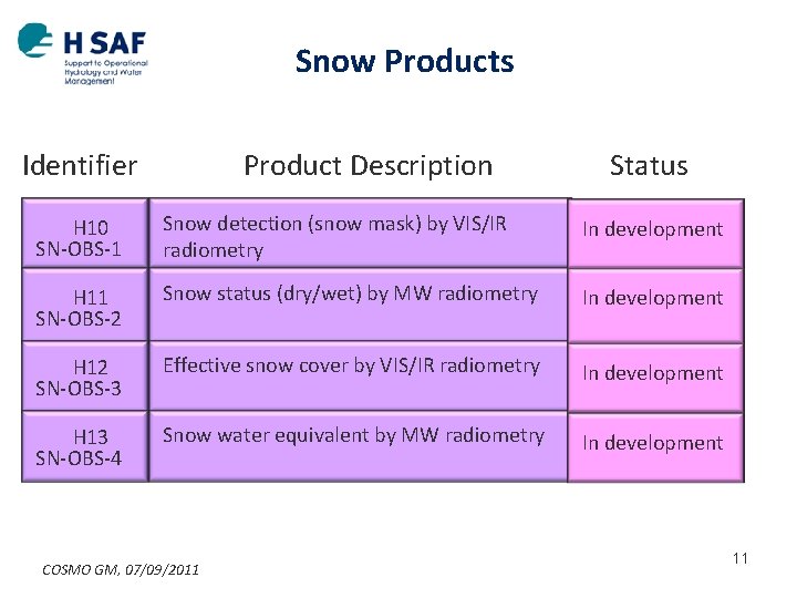 Snow Products Identifier Product Description Status H 10 SN-OBS-1 Snow detection (snow mask) by