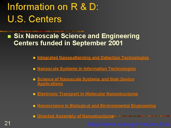 Information on R & D: U. S. Centers n 21 Six Nanoscale Science and