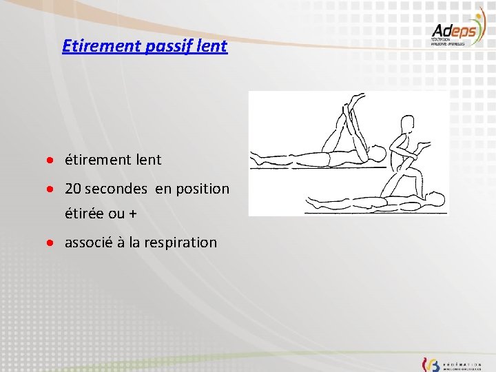 Etirement passif lent · étirement lent · 20 secondes en position étirée ou +