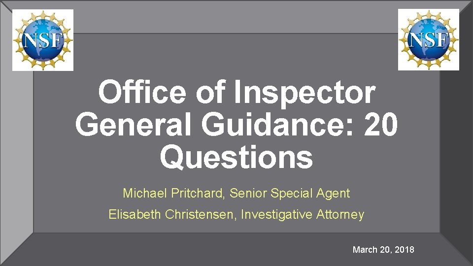 Office of Inspector General Guidance: 20 Questions Michael Pritchard, Senior Special Agent Elisabeth Christensen,