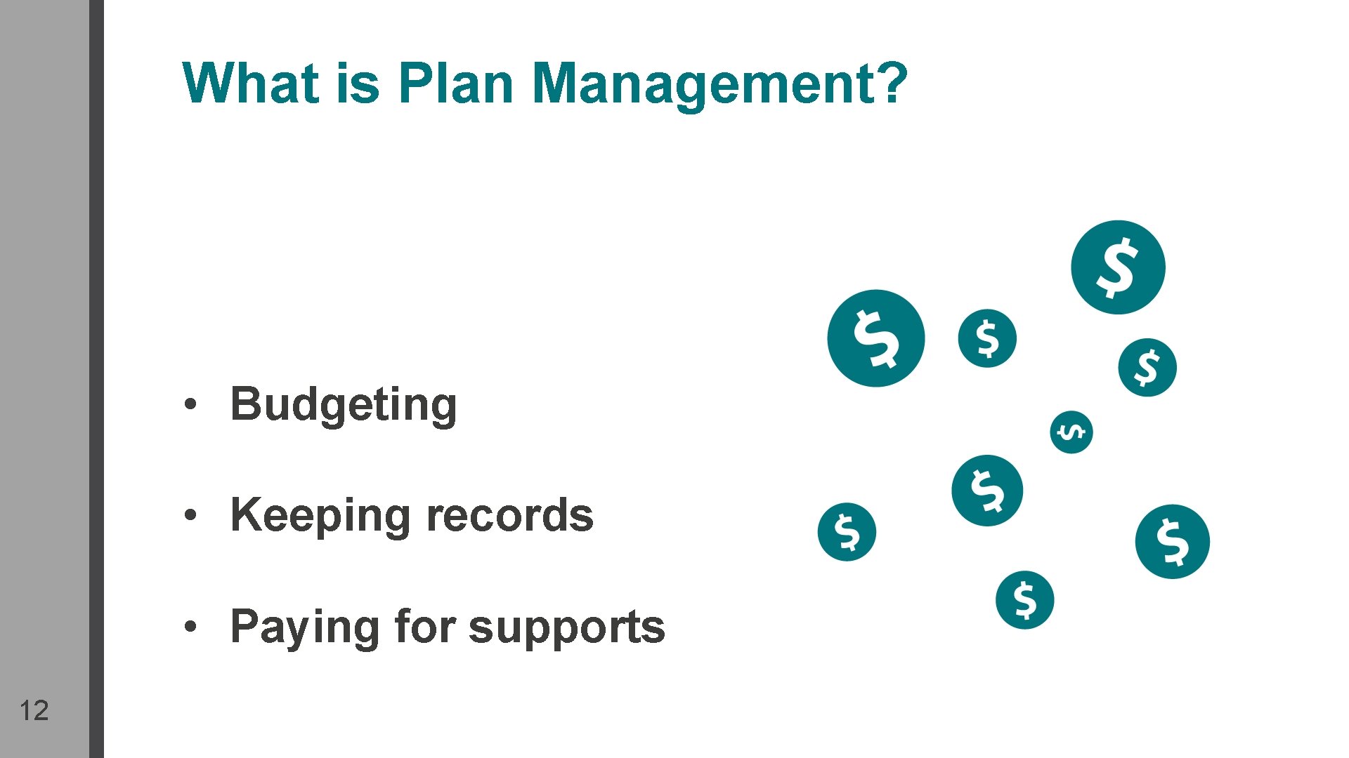 What is Plan Management? • Budgeting • Keeping records • Paying for supports 12