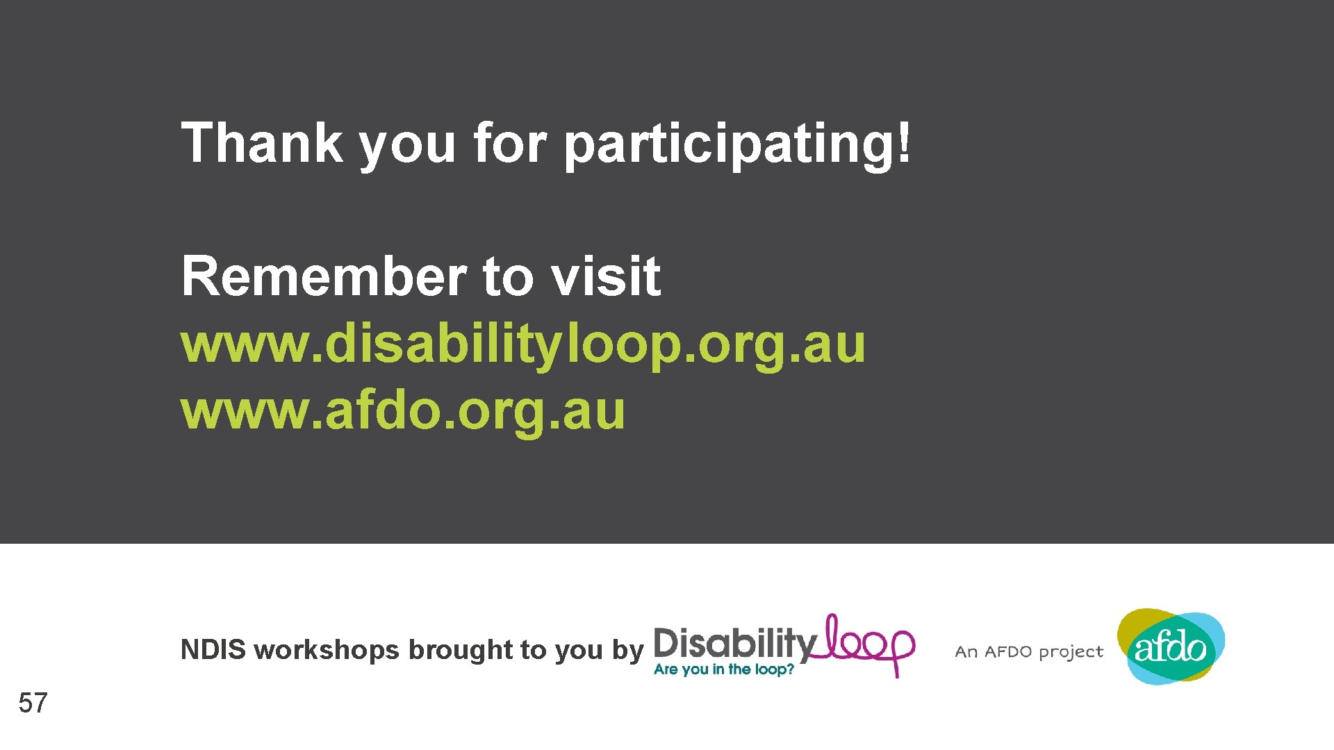 Thank you for participating! Remember to visit www. disabilityloop. org. au www. afdo. org.