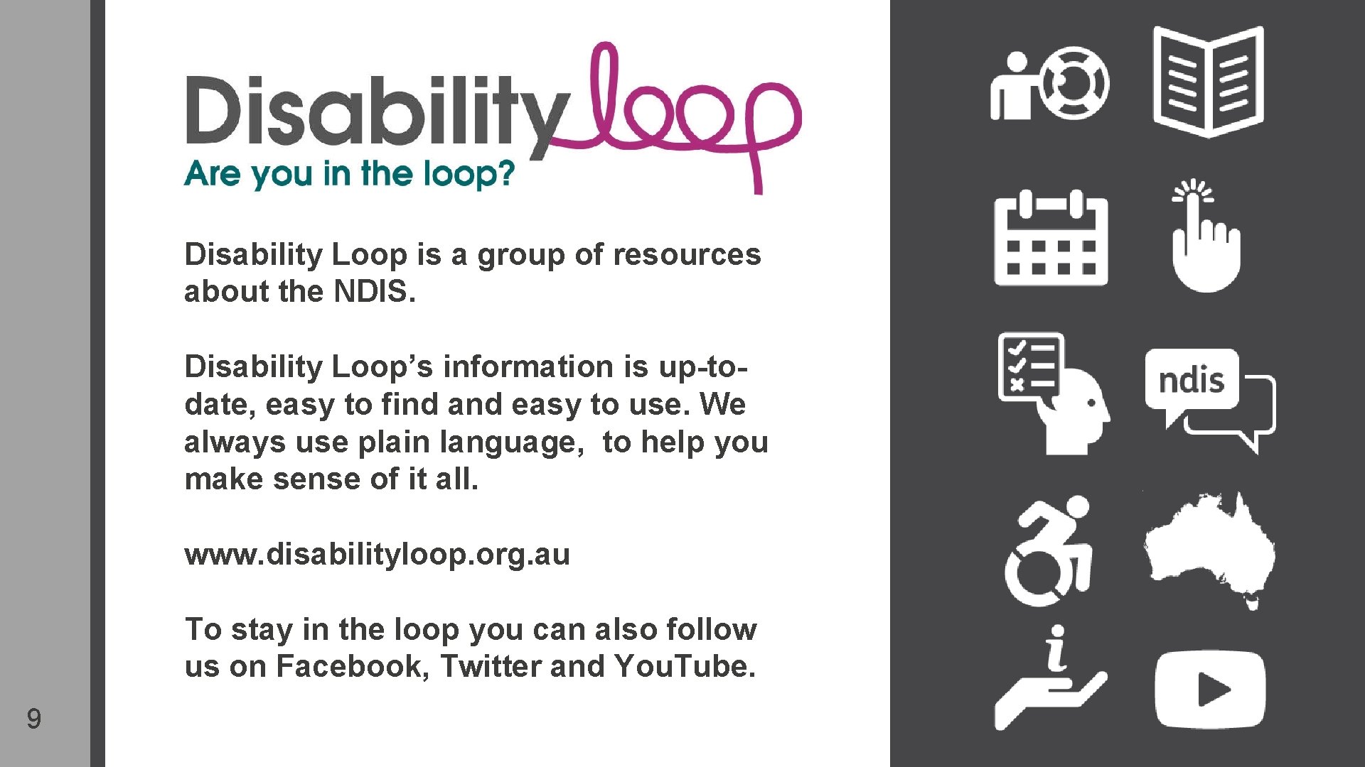 Disability Loop is a group of resources about the NDIS. Disability Loop’s information is