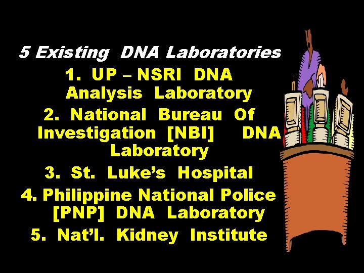 5 Existing DNA Laboratories 1. UP – NSRI DNA Analysis Laboratory 2. National Bureau