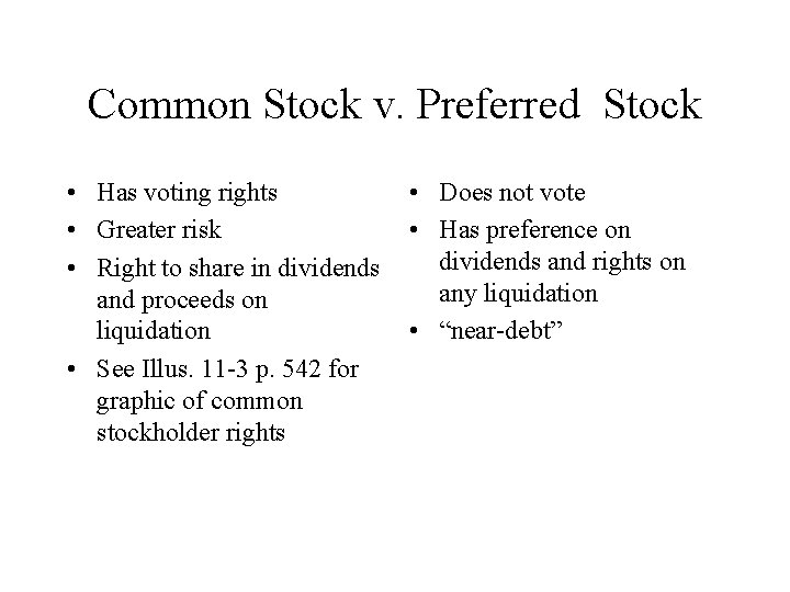 Common Stock v. Preferred Stock • Has voting rights • Greater risk • Right