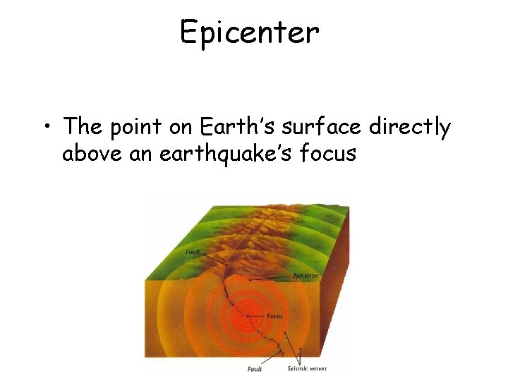 Epicenter • The point on Earth’s surface directly above an earthquake’s focus 