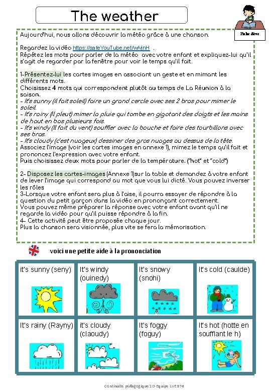 The weather Aujourd’hui, nous allons découvrir la météo grâce à une chanson. Fiche élève
