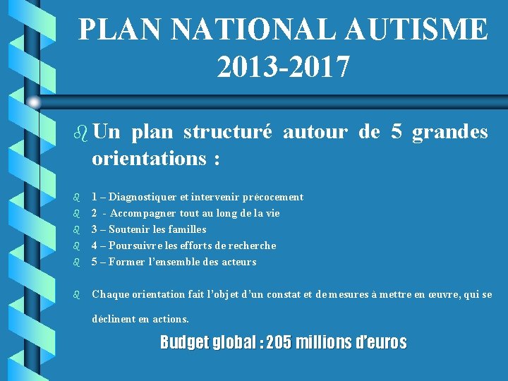 PLAN NATIONAL AUTISME 2013 -2017 b Un plan structuré autour de 5 grandes orientations