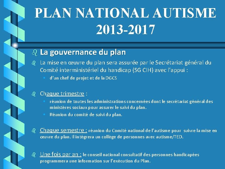 PLAN NATIONAL AUTISME 2013 -2017 b La gouvernance du plan b La mise en