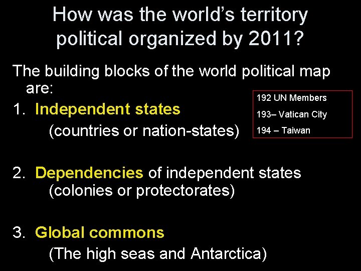 How was the world’s territory political organized by 2011? The building blocks of the