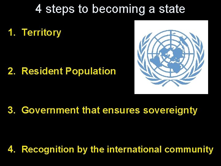 4 steps to becoming a state 1. Territory 2. Resident Population 3. Government that