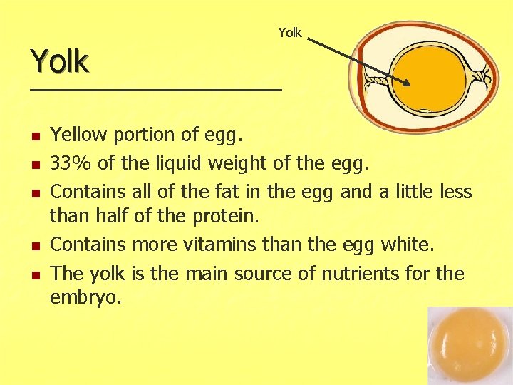 Yolk n n n Yellow portion of egg. 33% of the liquid weight of