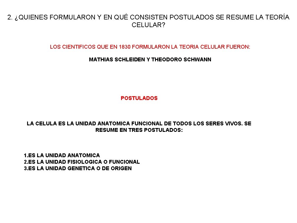 2. ¿QUIENES FORMULARON Y EN QUÉ CONSISTEN POSTULADOS SE RESUME LA TEORÍA CELULAR? LOS