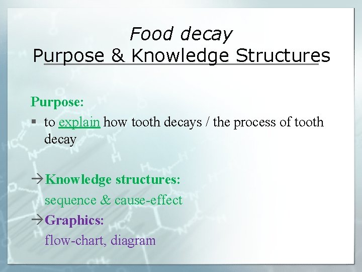 Food decay Purpose & Knowledge Structures Purpose: § to explain how tooth decays / Food decay Purpose & Knowledge Structures Purpose: § to explain how tooth decays /