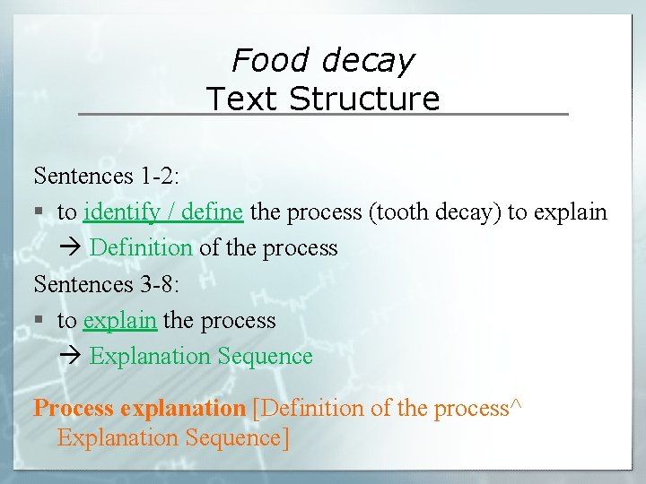 Food decay Text Structure Sentences 1 -2: § to identify / define the process Food decay Text Structure Sentences 1 -2: § to identify / define the process
