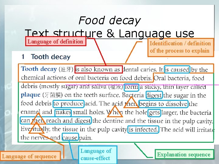 Food decay Text structure & Language use Language of definition Language of sequence Language Food decay Text structure & Language use Language of definition Language of sequence Language