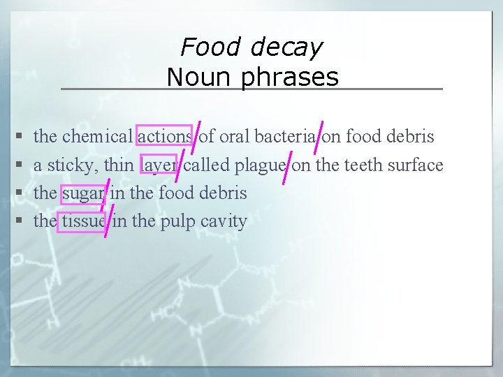 Food decay Noun phrases § § the chemical actions of oral bacteria on food Food decay Noun phrases § § the chemical actions of oral bacteria on food