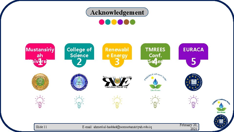 Acknowledgement Mustansiriy ah University 1 Slide 11 College of Science 2 Renewabl e Energy