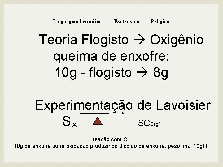 Linguagem hermética Esoterismo Religião Teoria Flogisto Oxigênio queima de enxofre: 10 g - flogisto